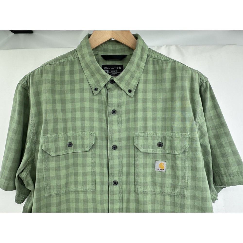 CARHARTT Button Down Shirt Men XL Green Check Loose Fit Short Sleeve Logo